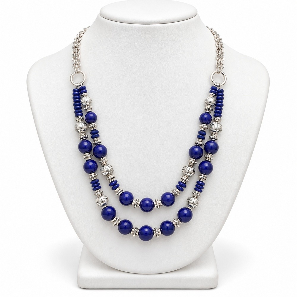 Ruby Rd Blue Silver Tone Double Strand Beaded Necklace Boho Statement